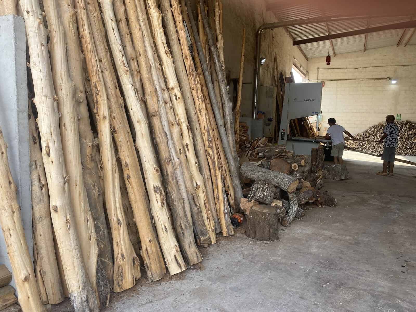 The Legacy of Sabina at Can Frare image, wooden leaning against wall in a mill, men cutting woode